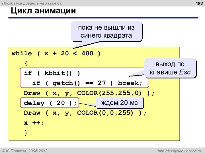 Цикл анимации while ( x + 20 { if ( kbhit() )