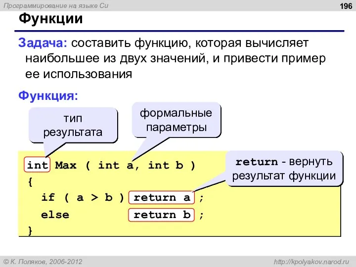 Функции Задача: составить функцию, которая вычисляет наибольшее из двух значений, и привести