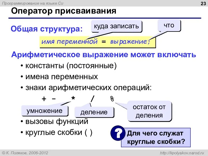 Оператор присваивания Общая структура: Арифметическое выражение может включать константы (постоянные) имена переменных