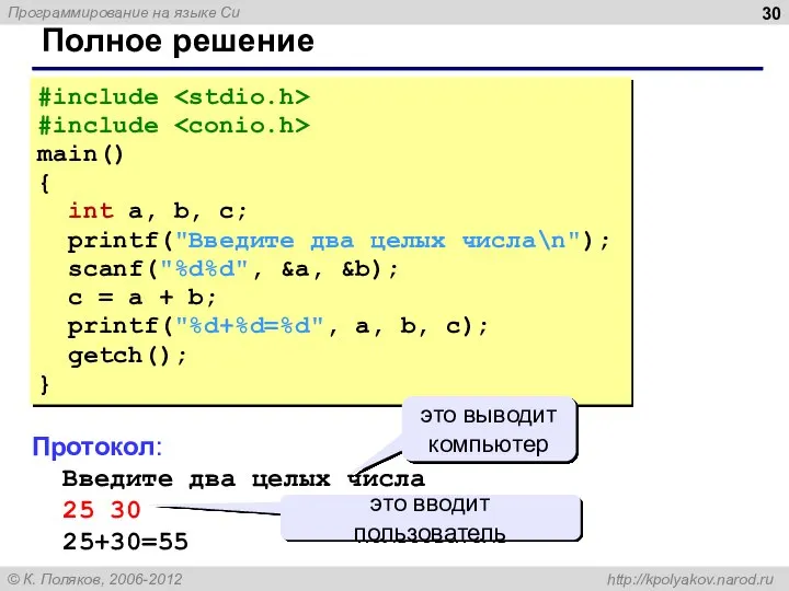 Полное решение #include #include main() { int a, b, c; printf("Введите два