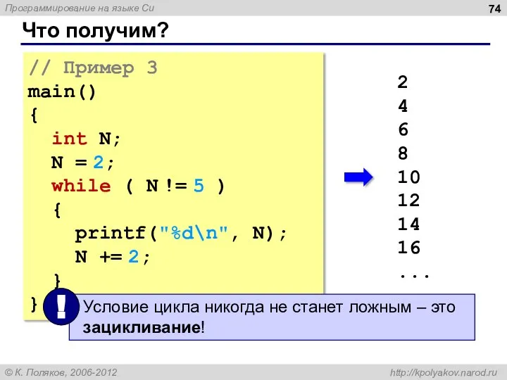 Что получим? // Пример 3 main() { int N; N = 2;