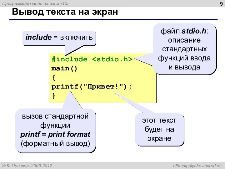 Вывод текста на экран #include main() { printf("Привет!"); } include = включить