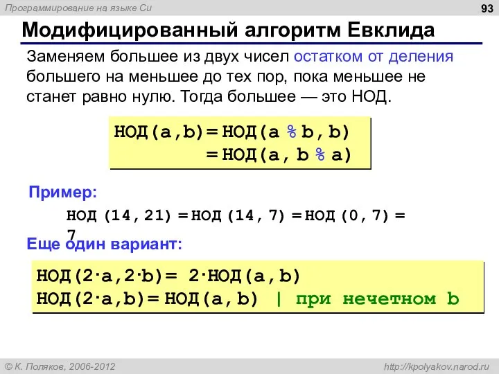 Модифицированный алгоритм Евклида НОД(a,b)= НОД(a % b, b) = НОД(a, b %
