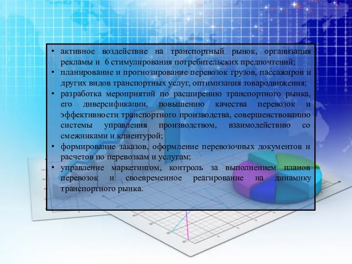 активное воздействие на транспортный рынок, организация рекламы и 6 стимулирования потребительских предпочтений;