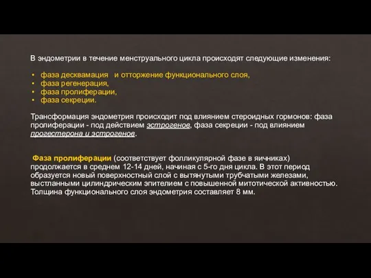 В эндометрии в течение менструального цикла происходят следующие изменения: фаза десквамация и