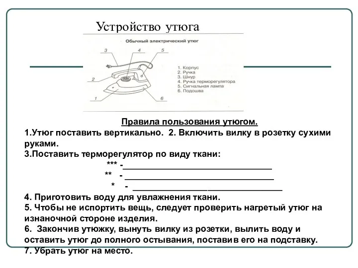 Устройство утюга Правила пользования утюгом. 1.Утюг поставить вертикально. 2. Включить вилку в