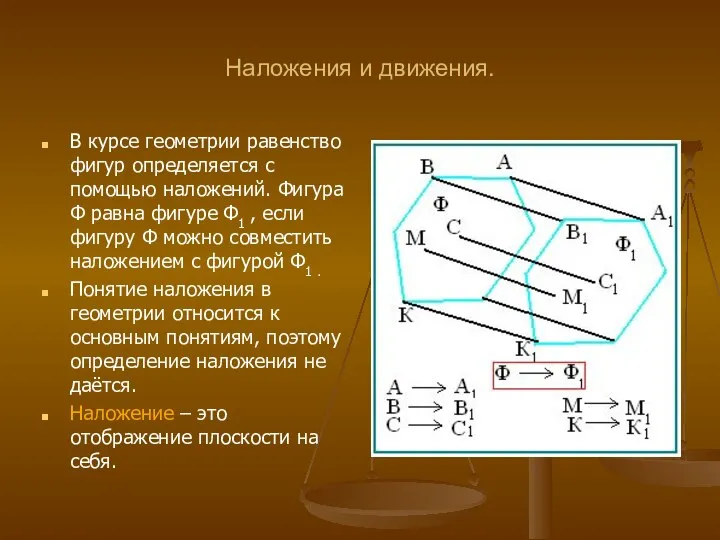 Наложения и движения. В курсе геометрии равенство фигур определяется с помощью наложений.