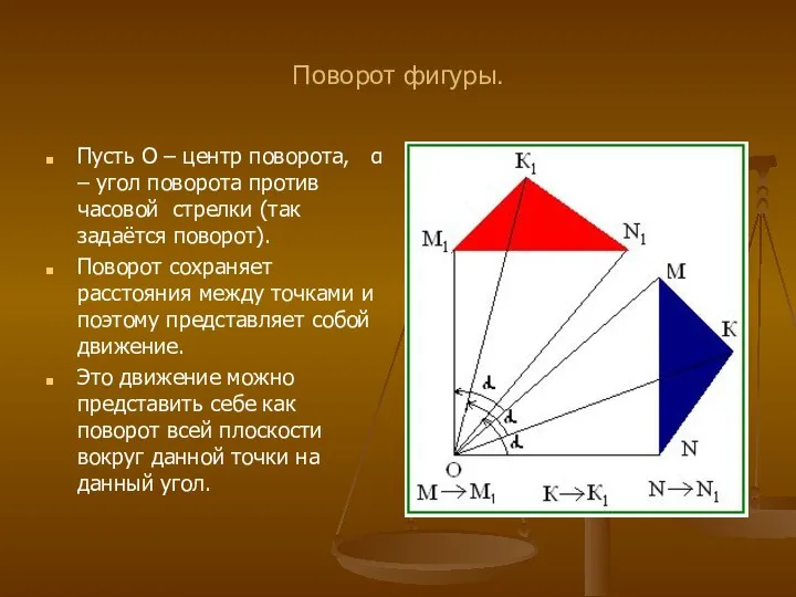 Поворот фигуры. Пусть О – центр поворота, α – угол поворота против