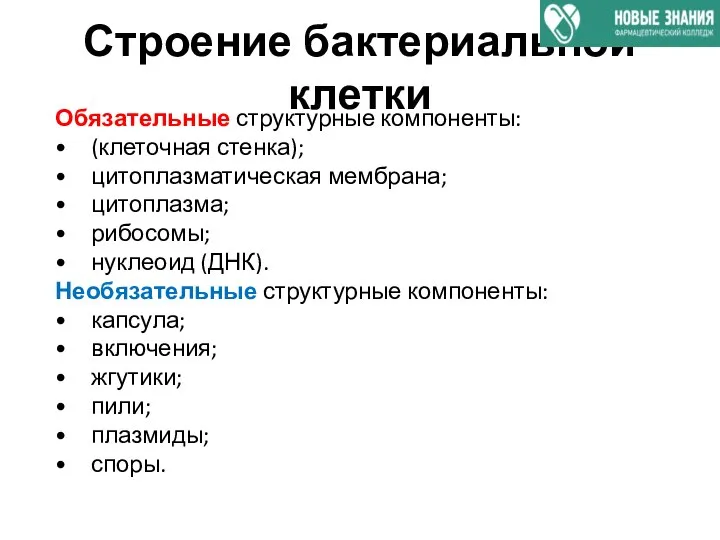 Строение бактериальной клетки Обязательные структурные компоненты: • (клеточная стенка); • цитоплазматическая мембрана;