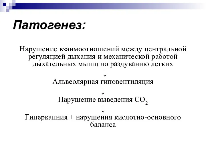Патогенез: Нарушение взаимоотношений между центральной регуляцией дыхания и механической работой дыхательных мышц