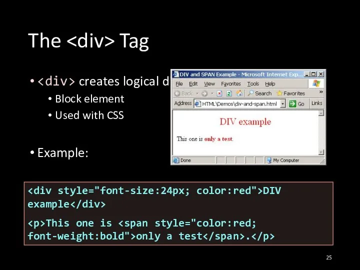 The Tag creates logical divisions within a page Block element Used with