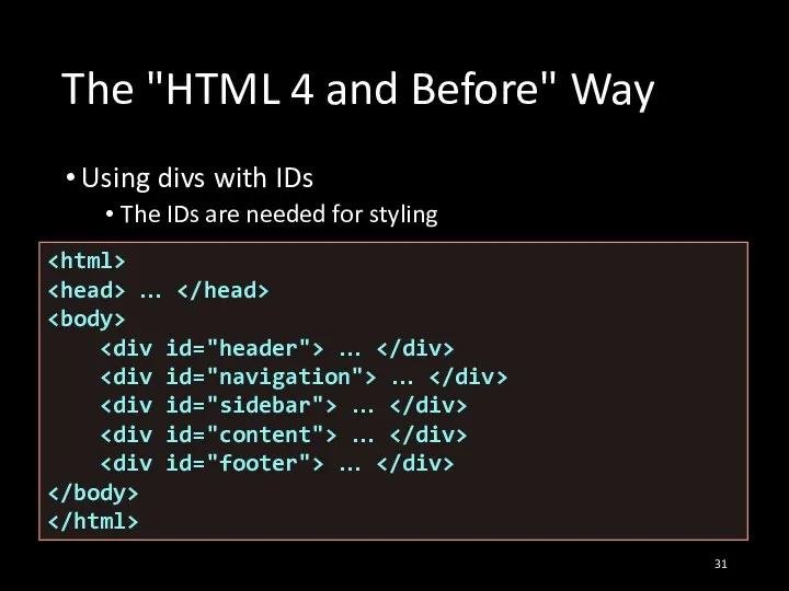 The "HTML 4 and Before" Way Using divs with IDs The IDs
