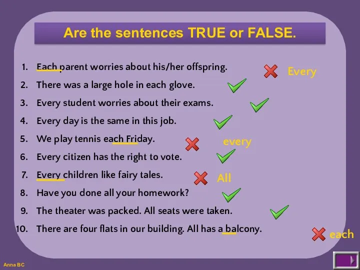 Are the sentences TRUE or FALSE. Each parent worries about his/her offspring.