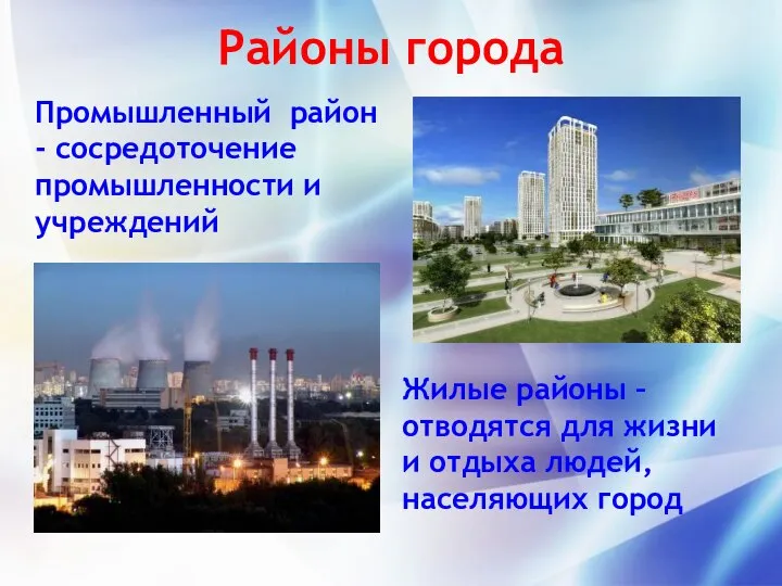 Районы города Промышленный район - сосредоточение промышленности и учреждений Жилые районы –