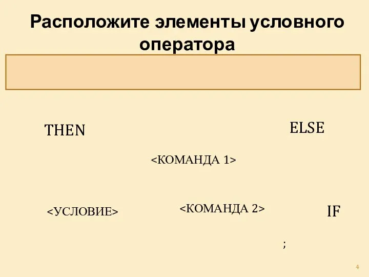 Расположите элементы условного оператора в правильном порядке IF THEN ELSE ;