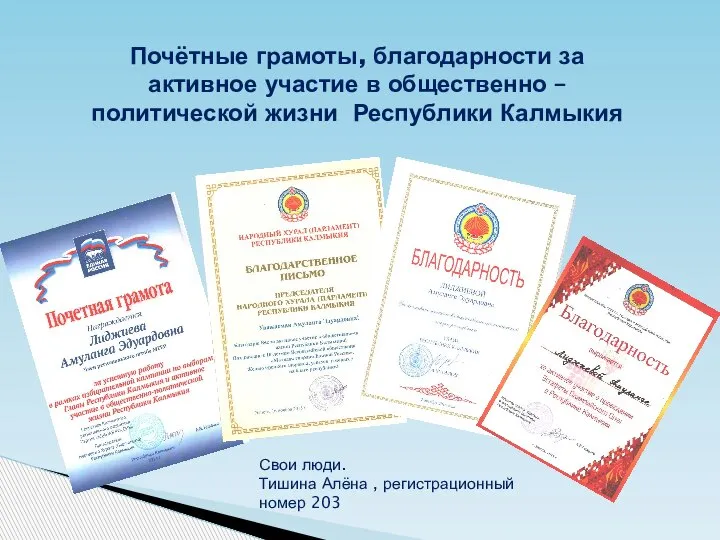 Почётные грамоты, благодарности за активное участие в общественно – политической жизни Республики
