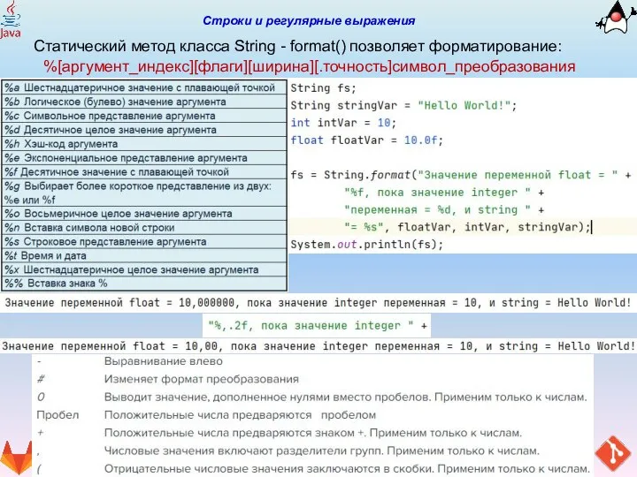 Строки и регулярные выражения Статический метод класса String - format() позволяет форматирование: %[аргумент_индекс][флаги][ширина][.точность]символ_преобразования