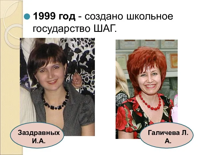 1999 год - создано школьное государство ШАГ. Заздравных И.А. Галичева Л.А.