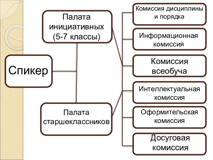 Комиссия дисциплины и порядка Спикер Палата инициативных (5-7 классы) Палата старшеклассников Комиссия