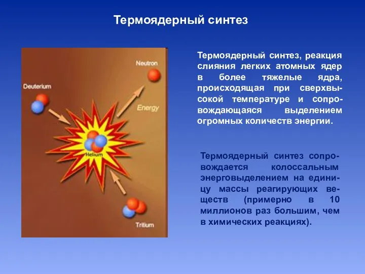 Термоядерный синтез Термоядерный синтез, реакция слияния легких атомных ядер в более тяжелые