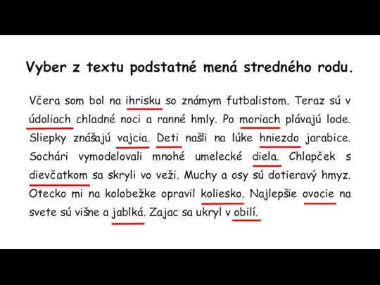 Vyber z textu podstatné mená stredného rodu. Včera som bol na ihrisku