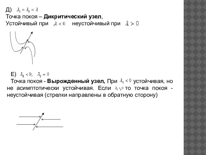 Д) . Точка покоя – Дикритический узел, Устойчивый при , неустойчивый при