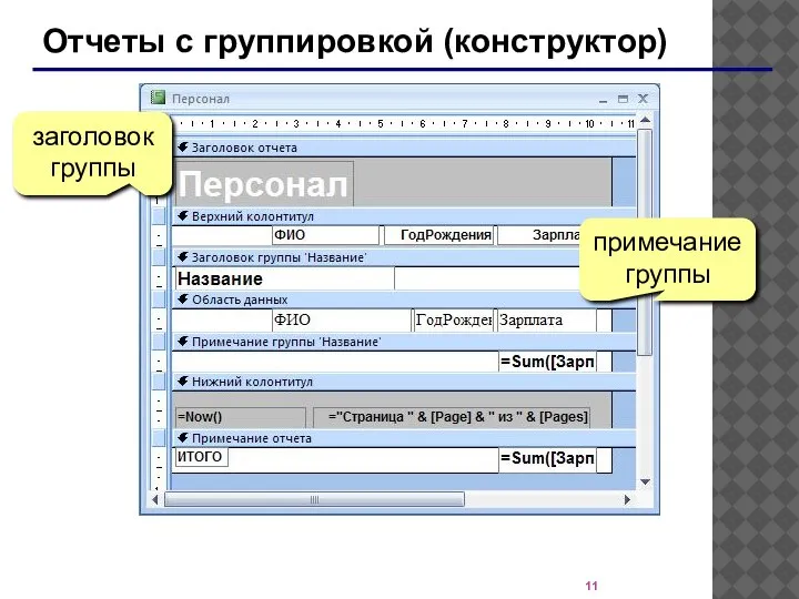 Отчеты с группировкой (конструктор) заголовок группы примечание группы