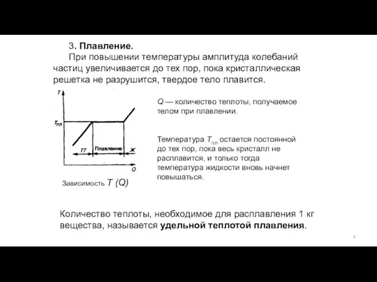 Q — количество теплоты, получаемое телом при плавлении. Температура Tпл остается постоянной