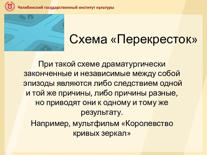 Схема «Перекресток» При такой схеме драматургически законченные и независимые между собой эпизоды