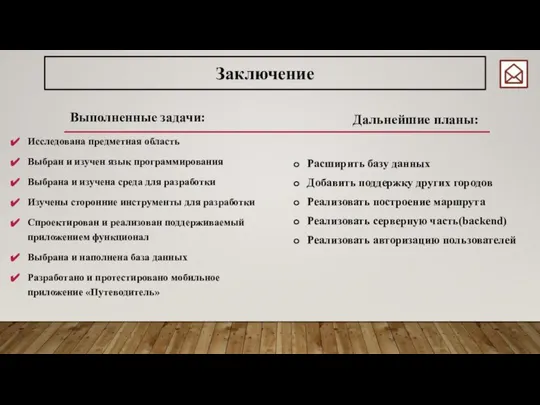 Исследована предметная область Выбран и изучен язык программирования Выбрана и изучена среда