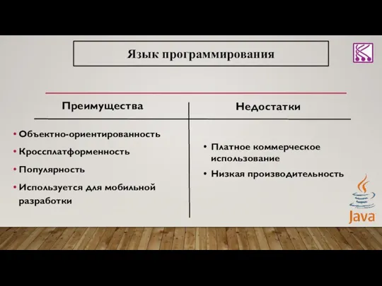 Объектно-ориентированность Кроссплатформенность Популярность Используется для мобильной разработки Язык программирования Платное коммерческое использование Низкая производительность Преимущества Недостатки