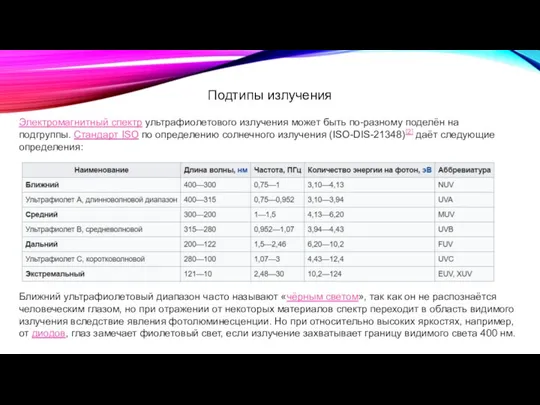 Подтипы излучения Электромагнитный спектр ультрафиолетового излучения может быть по-разному поделён на подгруппы.