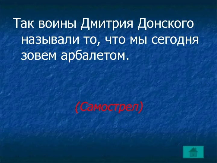 Так воины Дмитрия Донского называли то, что мы сегодня зовем арбалетом. (Самострел)