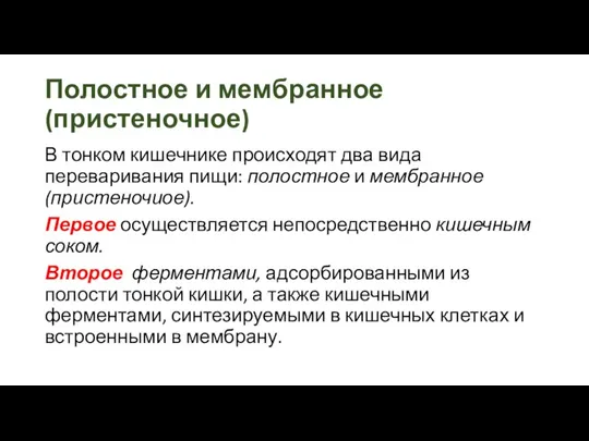 Полостное и мембранное (пристеночное) В тонком кишечнике происходят два вида переваривания пищи: