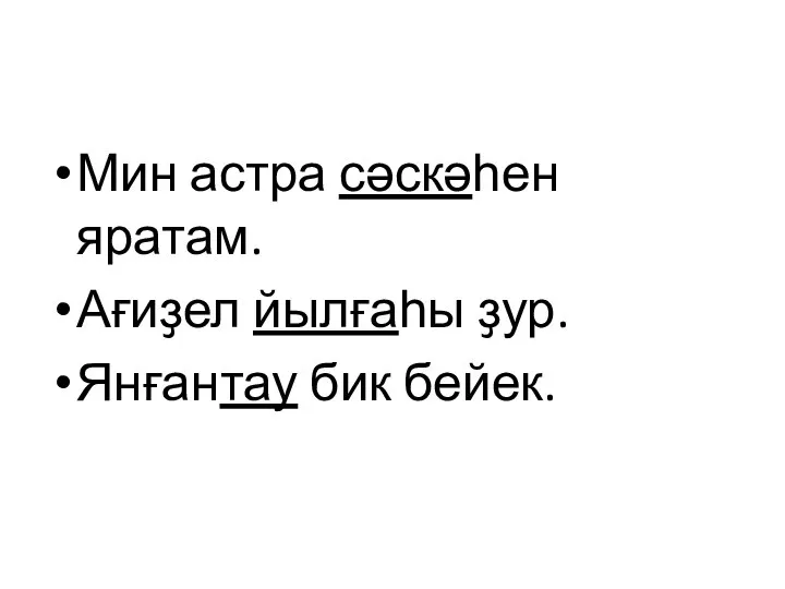 Мин астра сәскәһен яратам. Ағиҙел йылғаһы ҙур. Янғантау бик бейек.