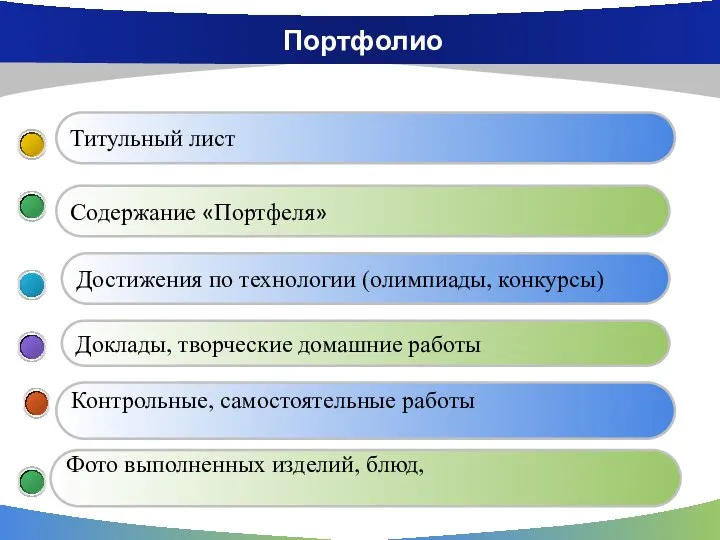 Портфолио Контрольные, самостоятельные работы Доклады, творческие домашние работы Достижения по технологии (олимпиады,