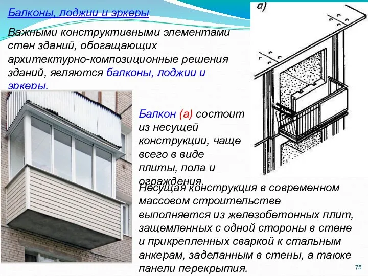 Балконы, лоджии и эркеры Важными конструктивными элементами стен зданий, обогащающих архитектурно-композиционные решения