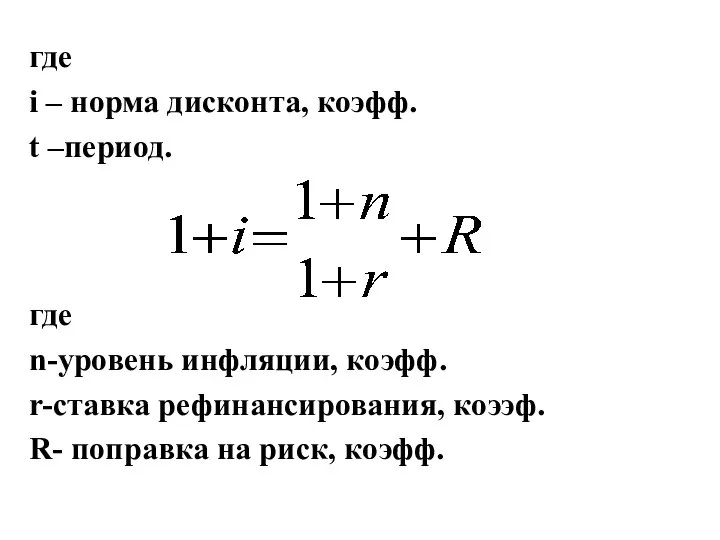 где i – норма дисконта, коэфф. t –период. где n-уровень инфляции, коэфф.