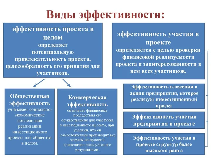 Виды эффективности: эффективность проекта в целом определяет потенциальную привлекательность проекта, целесообразность его