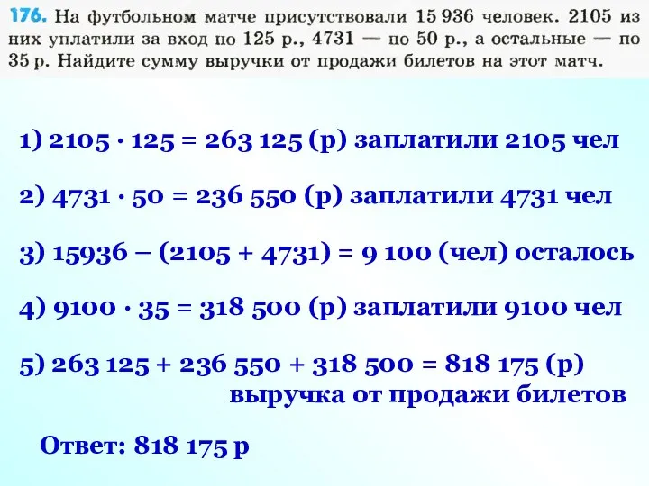 1) 2105 · 125 = 263 125 (р) заплатили 2105 чел 2)