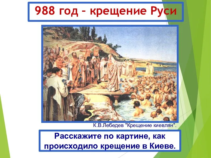 988 год – крещение Руси Расскажите по картине, как происходило крещение в Киеве. К.В.Лебедев "Крещение киевлян".