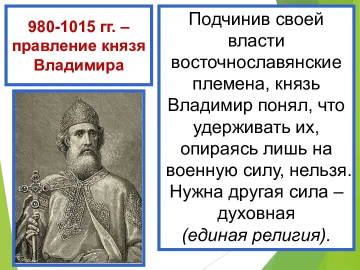 980-1015 гг. – правление князя Владимира Подчинив своей власти восточнославянские племена, князь