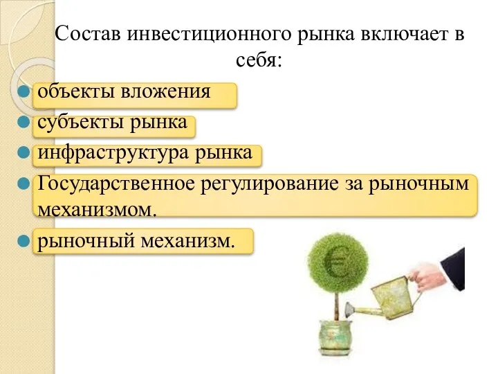 Состав инвестиционного рынка включает в себя: объекты вложения субъекты рынка инфраструктура рынка