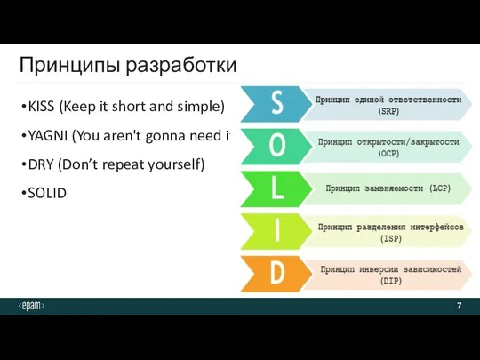 Принципы разработки KISS (Keep it short and simple) YAGNI (You aren't gonna