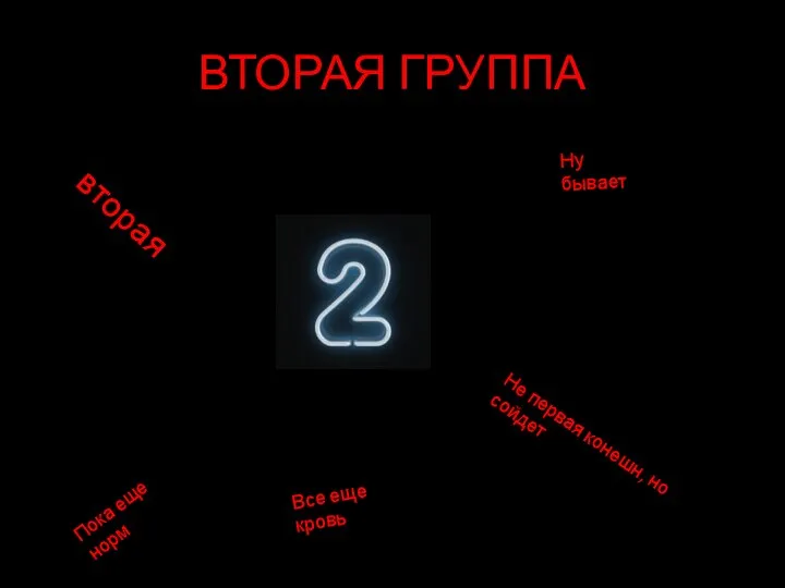 ВТОРАЯ ГРУППА вторая Все еще кровь Пока еще норм Не первая конешн, но сойдет Ну бывает