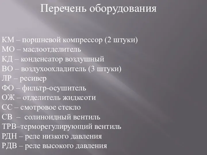 Перечень оборудования КМ – поршневой компрессор (2 штуки) МО – маслоотделитель КД