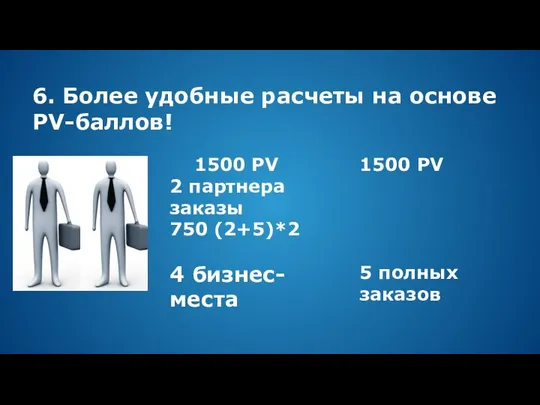 6. Более удобные расчеты на основе PV-баллов! 1500 PV 2 партнера заказы