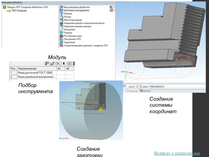 Возврат к содержанию Модуль ЧПУ Создание системы координат Подбор инструмента Создание заготовки