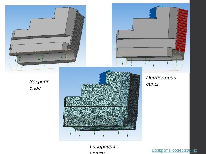 Возврат к содержанию Генерация сетки Закрепление Приложение силы