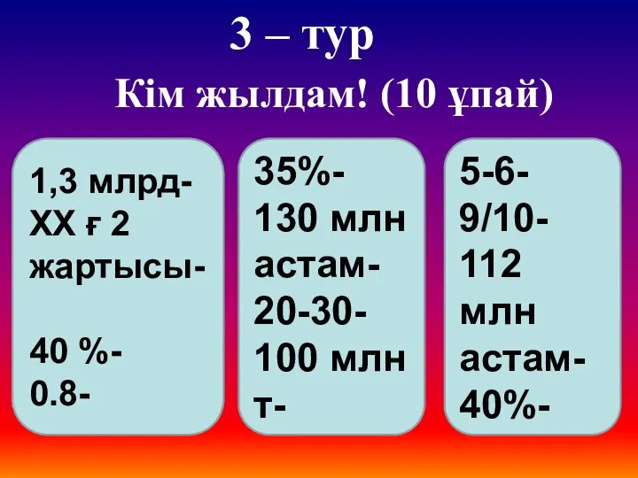 3 – тур Кім жылдам! (10 ұпай) 1,3 млрд-ХХ ғ 2 жартысы-